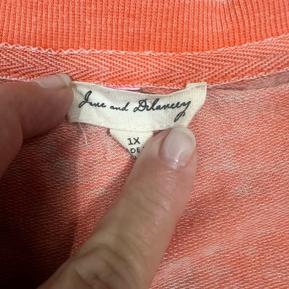 Ladies, June and Delaney 1X V-neck, short sleeve top with longer back. tangerine - Picture 4 of 4